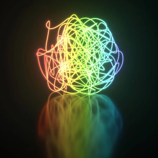 Bunte Neonlicht Knäuel Ball Auf Reflektierendem Boden Hintergrund Darstellung — Stockfoto