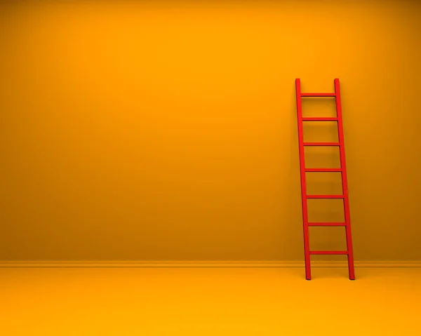 Yellow room with leaned red ladder minimalistic background. 3D rendering.