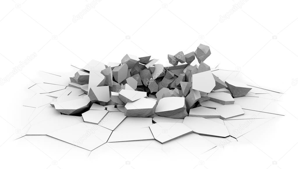Concrete slab floor shell hole isolated on white background. Fallen ponderous object ground dint. Crashed floor surface. 3D rendering.