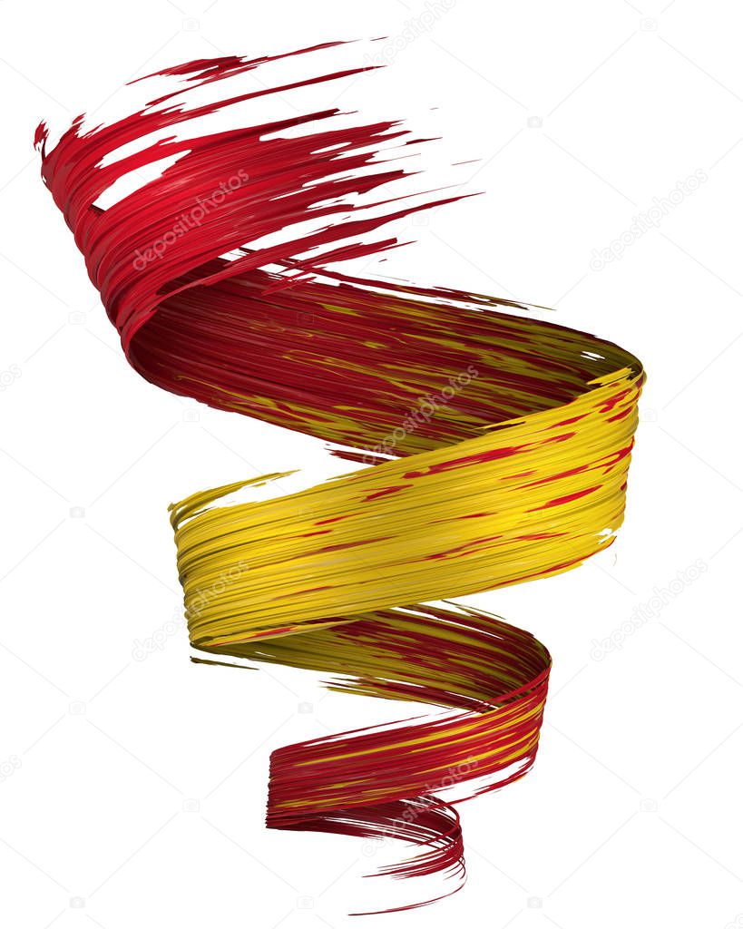 Colorful 3D brush paint stroke swirl in Spain flag colors isolated on white background. 3D rendering. Colorful joyful design. Color oil paint curved smear. World Cup design element.