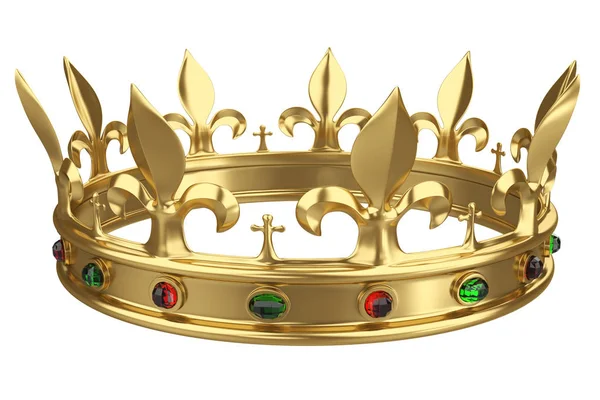 Parlak altın taç beyaz arka plan üzerinde izole değerli taşlar ile dekore edilmiştir. 3D render.