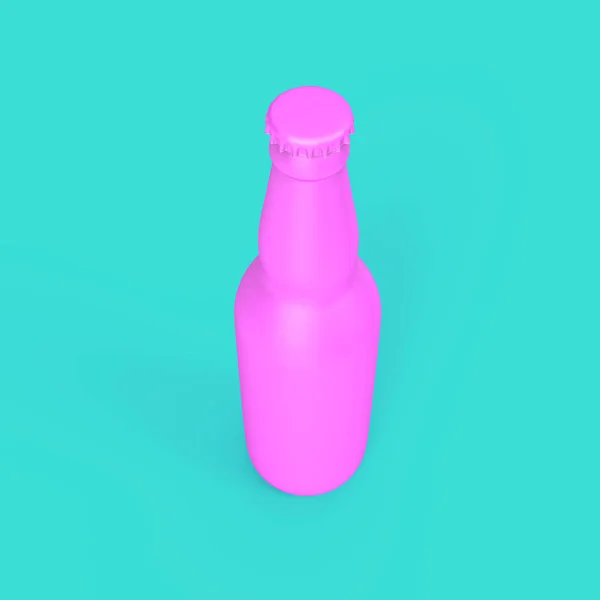 青色背景的粉红色啤酒瓶 — 图库照片