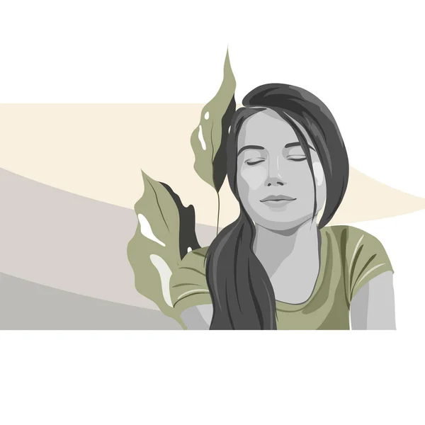 Hermosa Mujer Joven Meditando Hojas Tropicales Relajación Ilustración Vectores Arte — Vector de stock