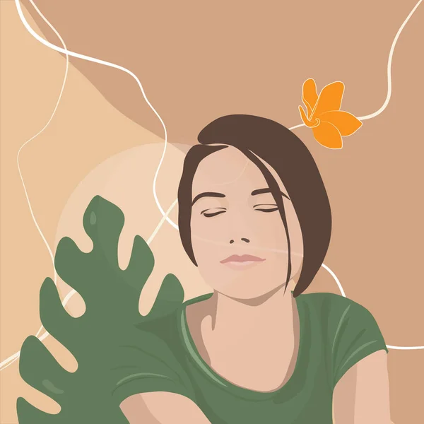 Güzel genç kadın meditasyon yapıyor, tropikal yaprak ve çiçek / rahatlama / düz sanat vektörü çizimi