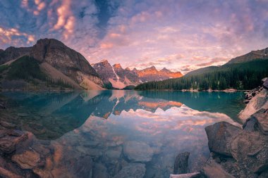 This is a super wide angle panorama of Moraine lake at Banff National Park, Canada. clipart