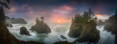 Büyük deniz yığınları bir fotoğraf günbatımı saatte alınan Oregon kıyılarında ağaçları ile bu.