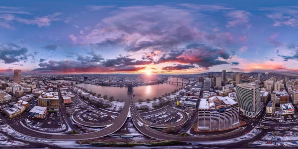 Full 360X180 Panorama Snowy Portland Downtown Dawn — Stock Photo, Image