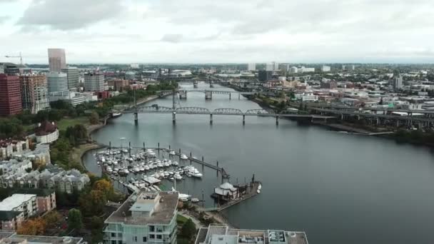 Detta Antenn Hyper Tidsfördröjning Portland Floden Och Broar — Stockvideo