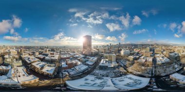 This is a full 360x180 aerial photosphere of the snowy morning at Pearl District, Portland, OR. clipart