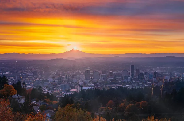 Fotografia Portland Centrum Jesiennymi Liśćmi Cienkiej Mgle Świecącym Wschodem Słońca — Zdjęcie stockowe