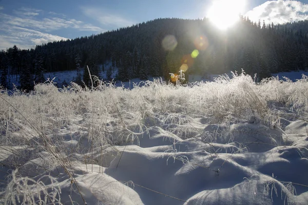 Güzel Kış Dağ Manzara Renkli Güneş Fişekleri Ile — Stok fotoğraf