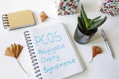 Beyaz masaya bir defterde yazılı Pcos Polycystic over sendromu