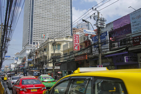 Bangkok, Thailand - march 5, 2019: very crowded Charoen Krung road near Saphan Taksin Station in Silom district