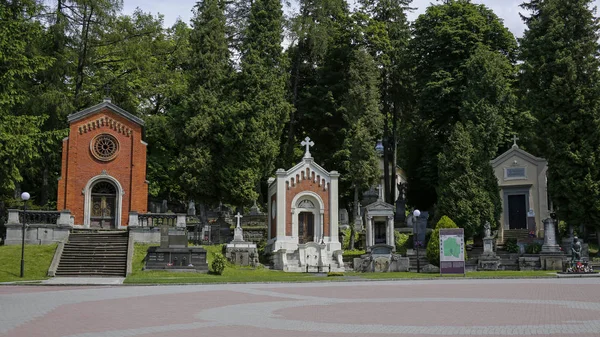 Lviv, Ucrania - 2 de junio de 2019: uno de los carriles en el cementerio de Lychakiv. Es la necrópolis histórica más antigua de Lviv . —  Fotos de Stock