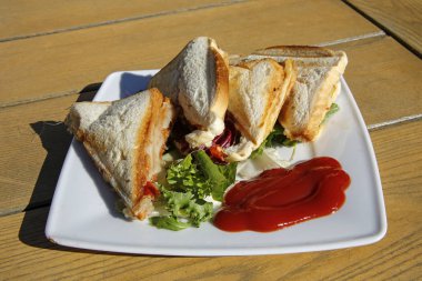 Vejetaryen tostlu sandviç, salata ve ketçap.