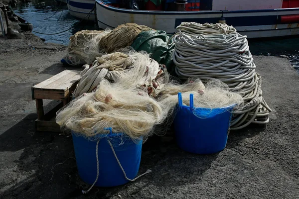 Closeup Stack Fishing Nets Rope Harbor — Stock Photo, Image