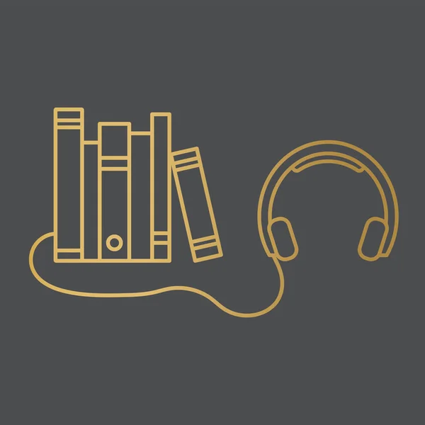 Kulaklığa Bağlı Altın Kitap Rafı Sesli Kitap Konsepti Simgesi Vektör — Stok Vektör