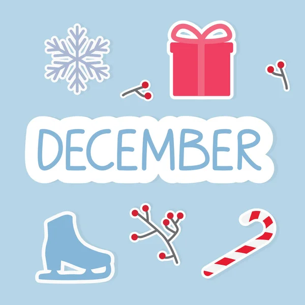 December Maand Concept Compositie Met Cadeau Schaatsen Sneeuwvlok Kerststok Vector — Stockvector