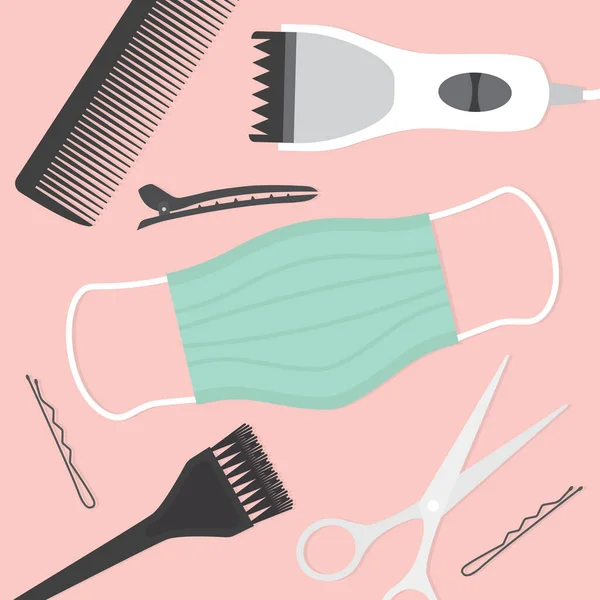 Outils Coiffure Visite Chez Coiffeur Pendant Pandémie Coronavirus Mesures Protection — Image vectorielle