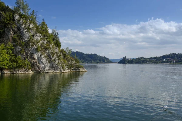 Спокойные Воды Озера Чорштын Замка Недзица Заднем Плане Польша — стоковое фото