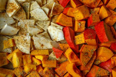 Sonbahar sebzeleri (kabak, kereviz) kabak örtüsü üzerinde bitkilerin içinde