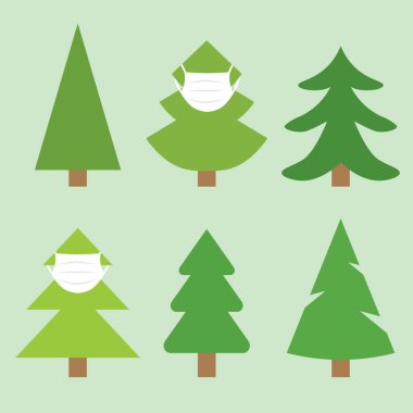 Yüz maskeli Noel ağacı, koronavirüs salgını sırasında noel kutlaması, koruyucu ölçüler - vektör illüstrasyonu-