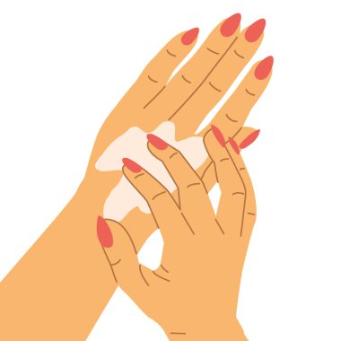 Kadın elleri nemlendirici el kremi sürüyor, cilt bakımını, güzelliği, hijyeni ve sağlığı sembolize ediyor, kozmetik reklamlar için mükemmel, kaplıca, cilt bakımı ve özbakım kavramları- vektör çizimi