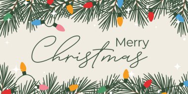 Köknar ağacı dalları, renkli ışıklar, kar ve ışıltılı illüstrasyonlu Mutlu Noeller.