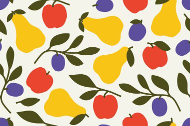 Elma, armut ve yapraklı erik meyveleriyle dikişsiz sonbahar deseni. Vektör çizimi.