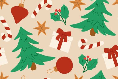 Noel, hediye kutuları, şeker kamışları, incik boncuklar, Noel ağaçları ve kutsal meyveler ile kusursuz tatil desenleri; tebrik kartları ambalaj kağıdı, duvar kağıdı, vektör çizimi için harika.