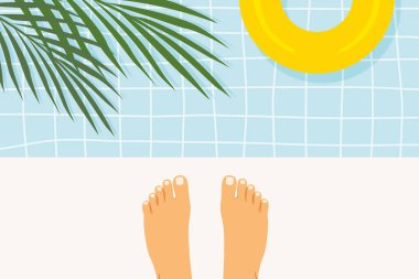 Yüzme havuzunda çıplak ayaklar seyahat promosyonları, tatil anlaşmaları, yaz temalı pazarlama materyalleri için mükemmel bir görsel.