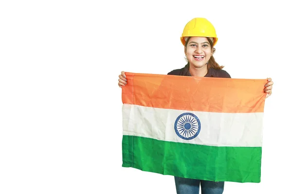 Young Indian Millennial Female Engineer Holding Indian Tricolor Flag Smile — Stock Photo, Image