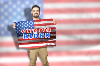 Ben, Amerikan bayrağı taşıyan, 2020 başkanlık seçimleri için başkan adayı, ABD siyaseti olan Biber 'e oy veriyorum. Boşluğu kopyala