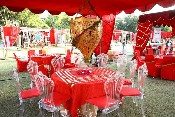 Jodhpur Rajastán India Agosto 2020 Mesas Cena Rojas Redondas Decoradas —  Fotos de Stock