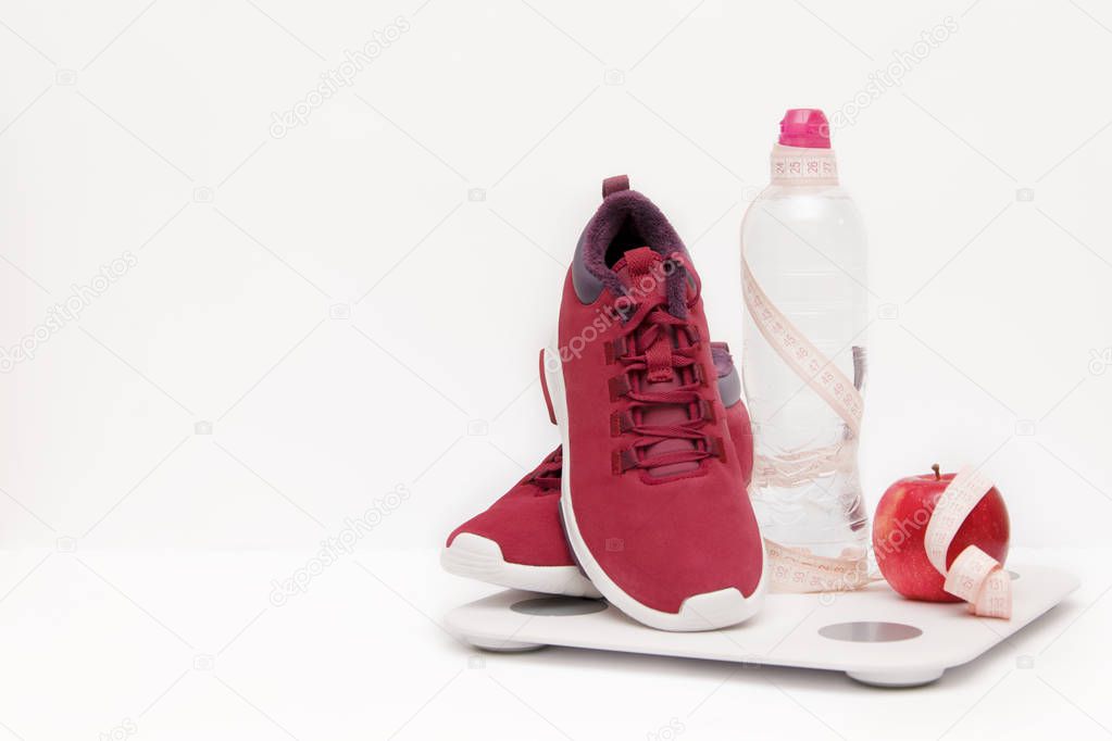 Composition with sport inventory on a white background. Sport concept.Copy space
