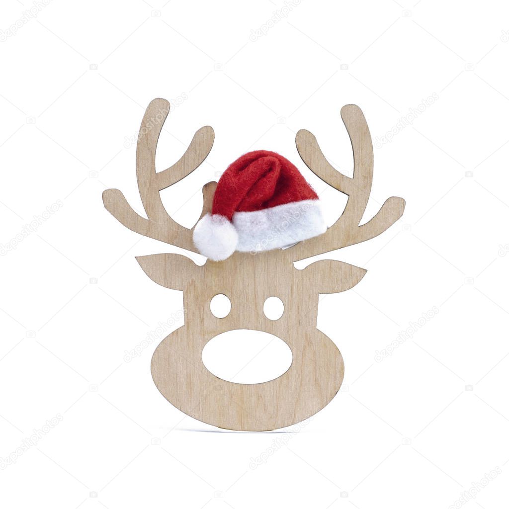 Wooden toy Santa's deer on white isolated background