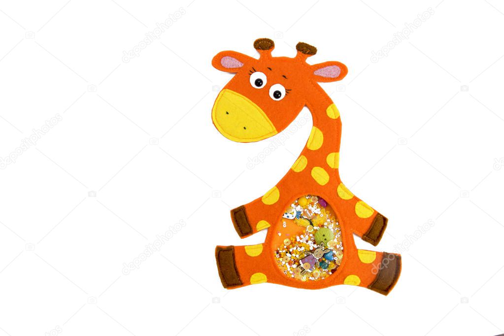 Childish motor-developing toy giraffe on white isolated background.