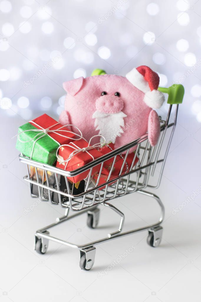 Christmas concept. Piggy with gifts
