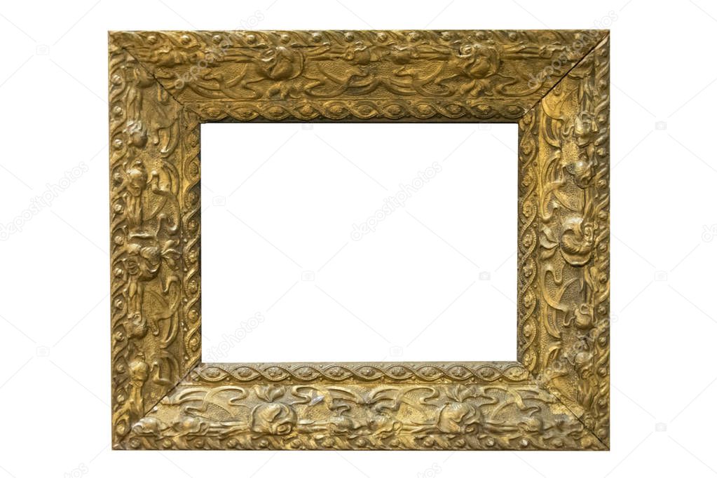 Ancient wooden frame, covered with gold with carved ornaments. Isolated on white