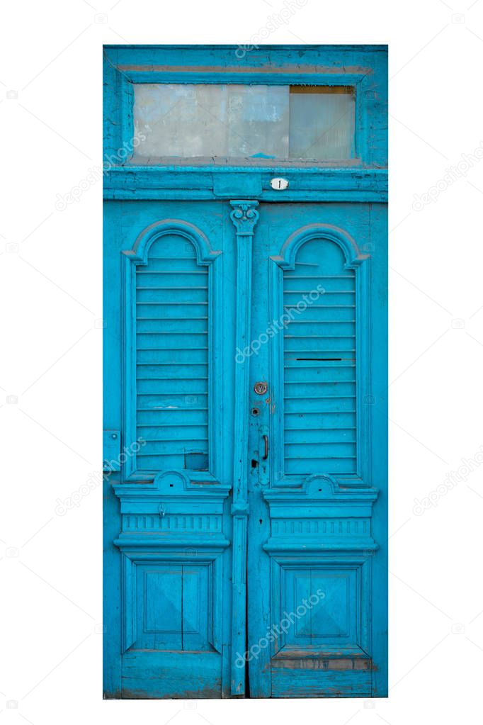 Old blue wooden door isolated on white background