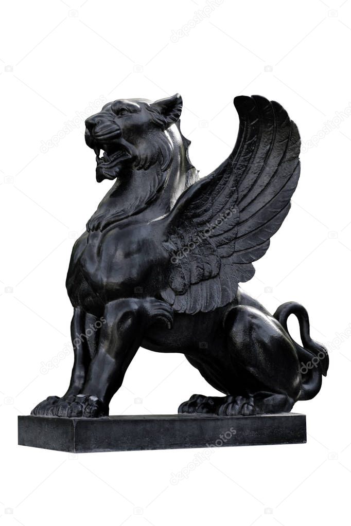Sculpture of a black griffin on a white isolated background