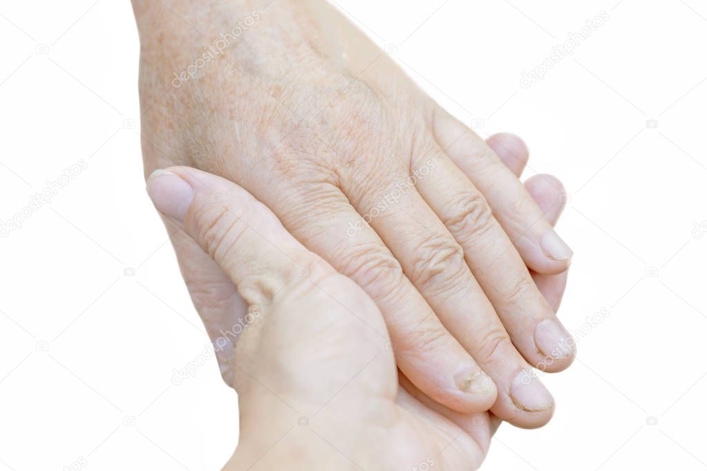 Old male and young female hands.Isolated