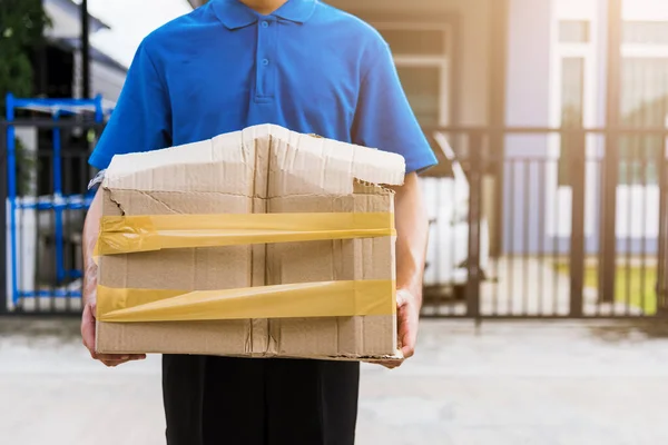 Asian Young Delivery Man Blue Uniform Emotional Falling Courier Hold — Stock Photo, Image