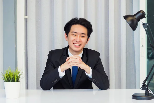 Arbeta Hemifrån Närbild Ansikte Asiatiska Unga Affärsman Videokonferens Samtal Eller — Stockfoto