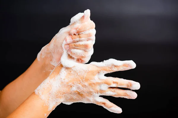 Closeup Cuidado Corpo Asiático Jovem Mulher Lavar Mãos Com Sabão — Fotografia de Stock