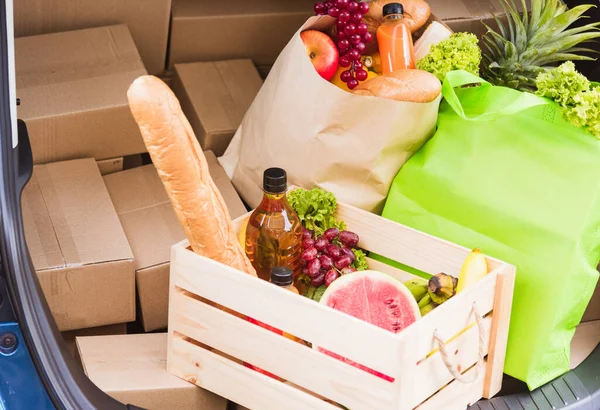 Lebensmittelservice Gibt Frisches Gemüse Und Obst Und Lebensmittel Grünen Stoffbeutel — Stockfoto