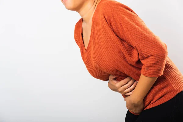 Asian Woman She Sick Have Stomach Ache Holds Hands Abdomen — Stock Photo, Image