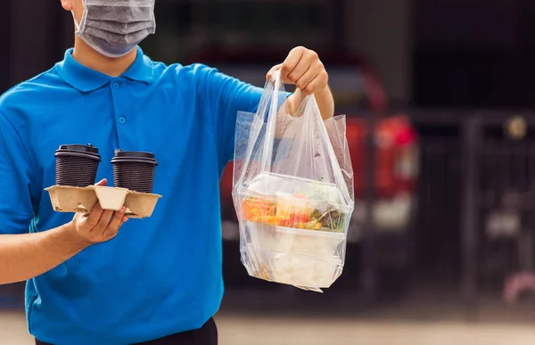 Asian Young Delivery Man Blue Uniform Wearing Face Mask Making — Stock Photo, Image