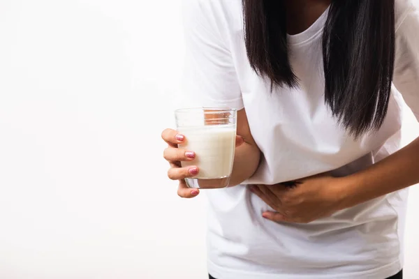 Closeup Young Woman Intolerant Use Hand Holding Glass Milk She — Stock Photo, Image