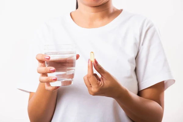 Closeup Young Asian Woman Hold Fish Oil Vitamin Drugs Hand — Stock Photo, Image